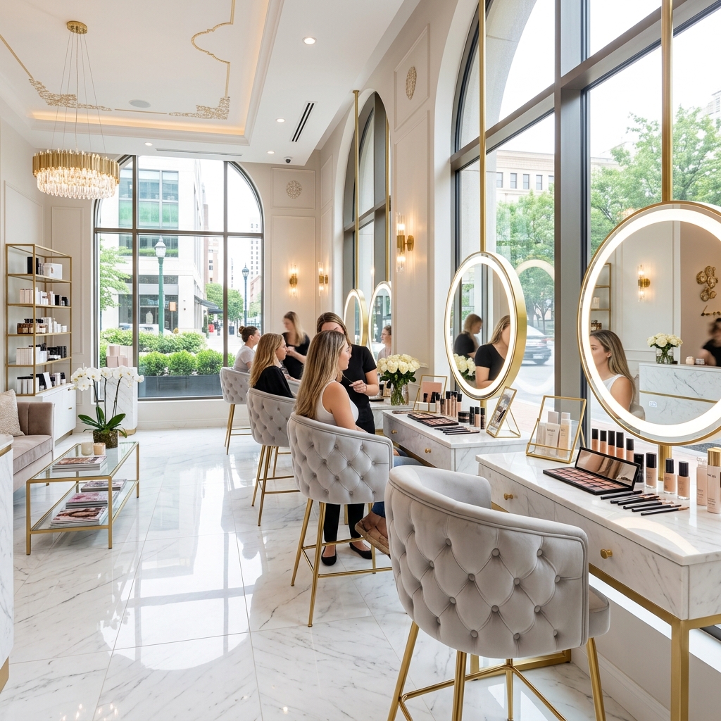 Luxury vanity mirrors and seating inside Sharon Make Up Lounge